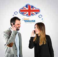 two people having a conversation in English on phone with a bubble above their heads showing the British flag.