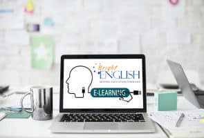 a latpop with the writing e-learning and Bright English logo for speaking English online