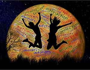 the silhouette of two young people jumping in front of moon made of spoken english words