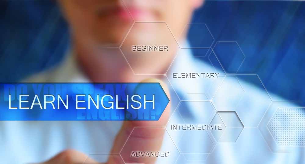 a picture of a man touching the words learn English with English learning levels on the background: beginners, elementary, pre intermediate